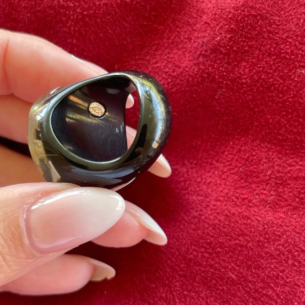 CHANEL Black Resin Ring with Cream Pearl Accents